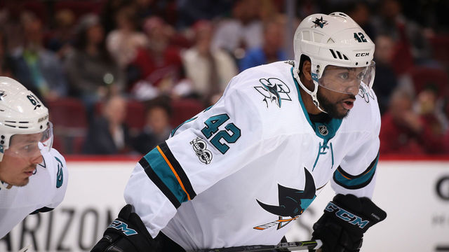 GLENDALE, AZ - NOVEMBER 22: Joel Ward #42 of the San Jose Sharks awaits a face off during the first period of the NHL game against the Arizona Coyotes at Gila River Arena on November 22, 2017 in Glendale, Arizona. The Sharks defeated the Coyotes 3-1.