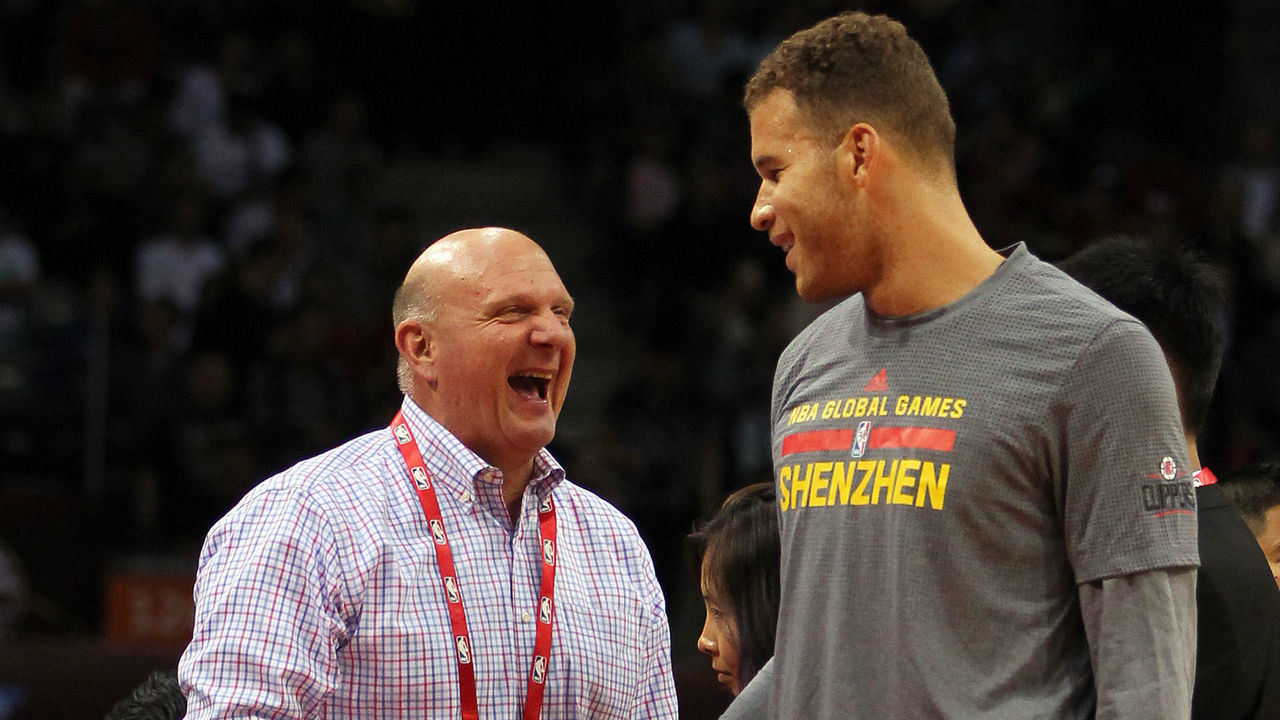 SHENZHEN, CHINA - OCTOBER 11:Steve Ballmer, owner of Los Angeles Clippers talks with Blake Griffin #32 of Los Angeles Clippers before the match between Charlotte Hornets and Los Angeles Clippers as part of the 2015 NBA Global Games China at Universiade Centre on October 11, 2015 in Shenzhen, China.