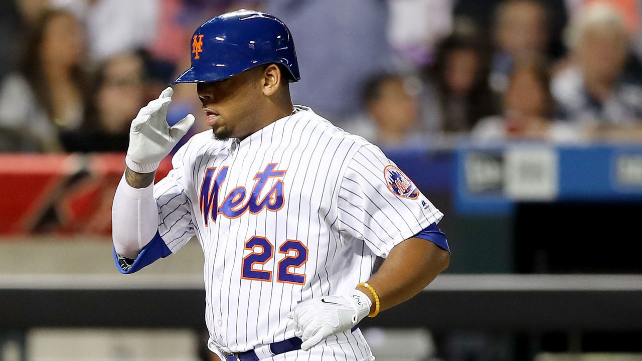 NEW YORK, NY - AUGUST 23: Dominic Smith #22 of the New York Mets celebrates his solo home run in the sixth inning against the Arizona Diamondbacks on August 23, 2017 at Citi Field in the Flushing neighborhood of the Queens borough of New York City.