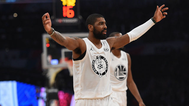 LOS ANGELES, CA - FEBRUARY 18: Kyrie Irving #11 of Team LeBron reacts during the NBA All-Star Game 2018 at Staples Center on February 18, 2018 in Los Angeles, California.