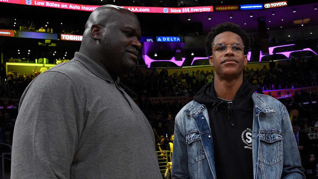 LOS ANGELES, CA - DECEMBER 18: Shaquille O'Neal and son Shareef O'Neal are seen at halftime at Staples Center on December 18, 2017 in Los Angeles, California.