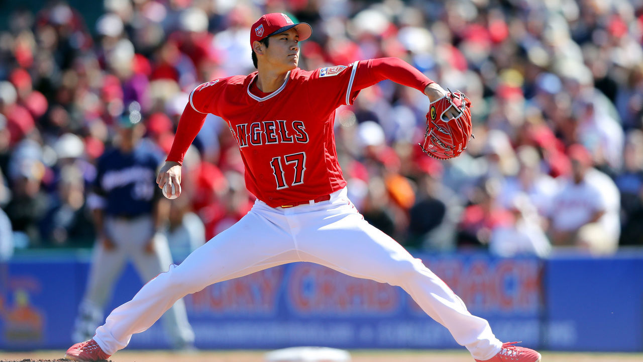 TEMPE, AZ - FEBRUARY 24: Shohei Ohtani #17 of the Los Angeles Angels pitches during a game against the Milwaukee Brewers on Saturday, February 24, 2018 at Tempe Diablo Stadium in Tempe, Arizona.