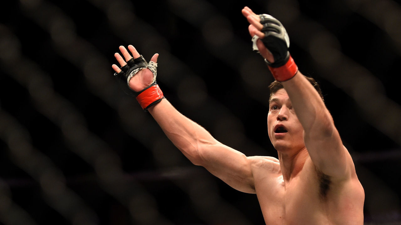 LOS ANGELES, CA - FEBRUARY 28: Alan Jouban celebrates his win over Richard Walsh in their welterweight bout during the UFC 184 event at Staples Center on February 28, 2015 in Los Angeles, California.