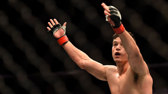 LOS ANGELES, CA - FEBRUARY 28: Alan Jouban celebrates his win over Richard Walsh in their welterweight bout during the UFC 184 event at Staples Center on February 28, 2015 in Los Angeles, California.