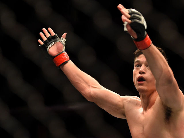 LOS ANGELES, CA - FEBRUARY 28: Alan Jouban celebrates his win over Richard Walsh in their welterweight bout during the UFC 184 event at Staples Center on February 28, 2015 in Los Angeles, California.