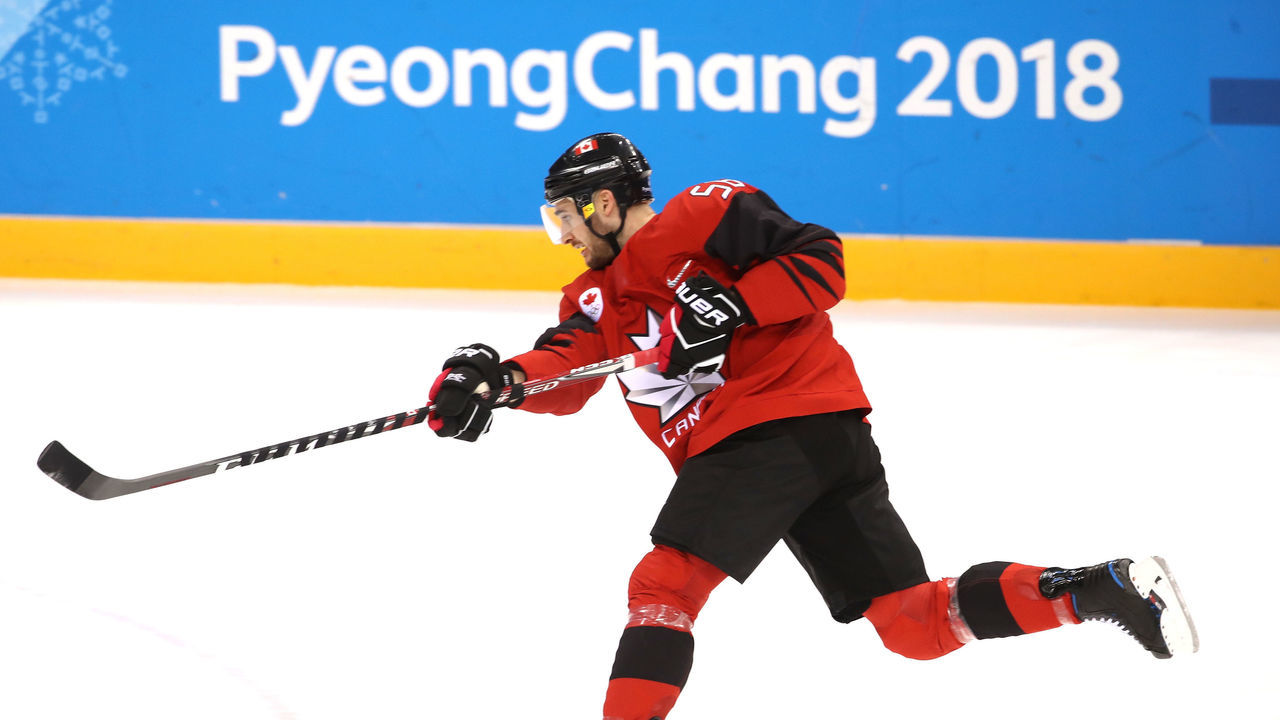 GANGNEUNG, SOUTH KOREA - FEBRUARY 18: Maxim Noreau #56 of Canada warms up prior to the Men's Ice Hockey Preliminary Round Group A game against Republic of Korea on day nine of the PyeongChang 2018 Winter Olympic Games at Gangneung Hockey Centre on February 18, 2018 in Gangneung, South Korea.