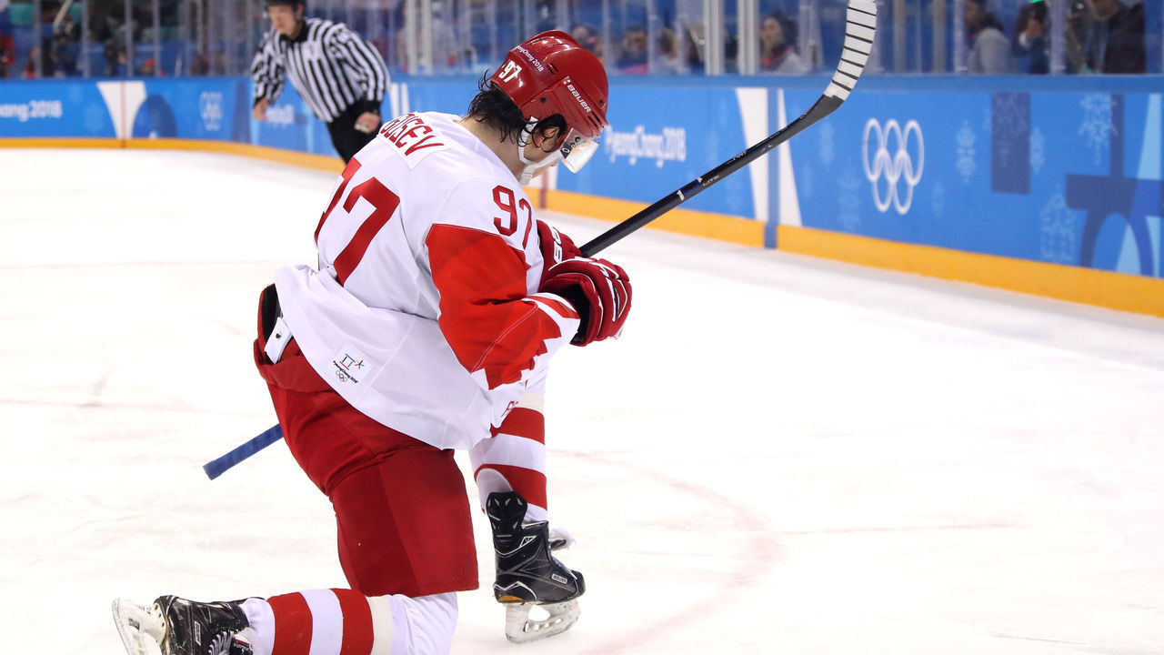 GANGNEUNG, SOUTH KOREA - FEBRUARY 23: Nikita Gusev #97 of Olympic Athlete from Russia celebrates after scoring his team's first goal against Czech Republic in the second period during the Men's Play-offs Semifinals on day fourteen of the PyeongChang 2018 Winter Olympic Games at Gangneung Hockey Centre on February 23, 2018 in Gangneung, South Korea.