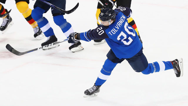 GANGNEUNG, SOUTH KOREA - FEBRUARY 15: Eeli Tolvanen of Finland shoots and scores a goal during the Men's Ice Hockey Preliminary Round Group C game on day six of the PyeongChang 2018 Winter Olympic Games at Gangneung Hockey Centre on February 15, 2018 in Gangneung, South Korea.
