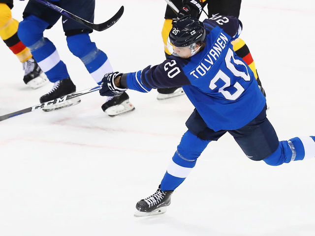 GANGNEUNG, SOUTH KOREA - FEBRUARY 15: Eeli Tolvanen of Finland shoots and scores a goal during the Men's Ice Hockey Preliminary Round Group C game on day six of the PyeongChang 2018 Winter Olympic Games at Gangneung Hockey Centre on February 15, 2018 in Gangneung, South Korea.