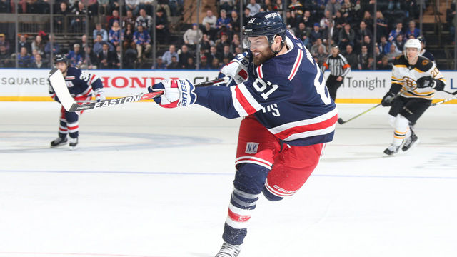 NEW YORK, NY - FEBRUARY 07: Rick Nash #61 of the New York Rangers shoots the puck against the Boston Bruins at Madison Square Garden on February 7, 2018 in New York City.