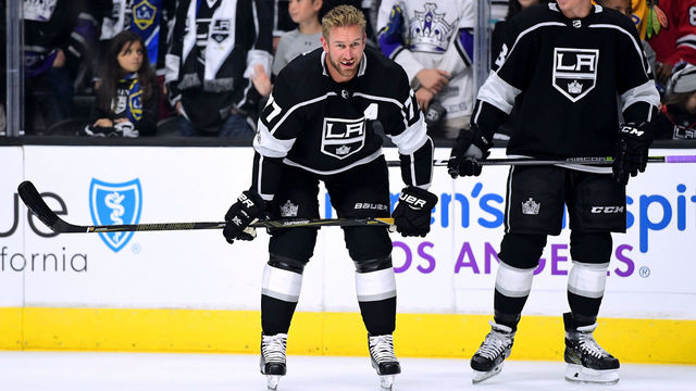 LOS ANGELES, CA - OCTOBER 11: Jeff Carter #77 and Tyler Toffoli #73 of the Los Angeles Kings laugh during warm up before the game against the Calgary Flames at Staples Center on October 11, 2017 in Los Angeles, California.
