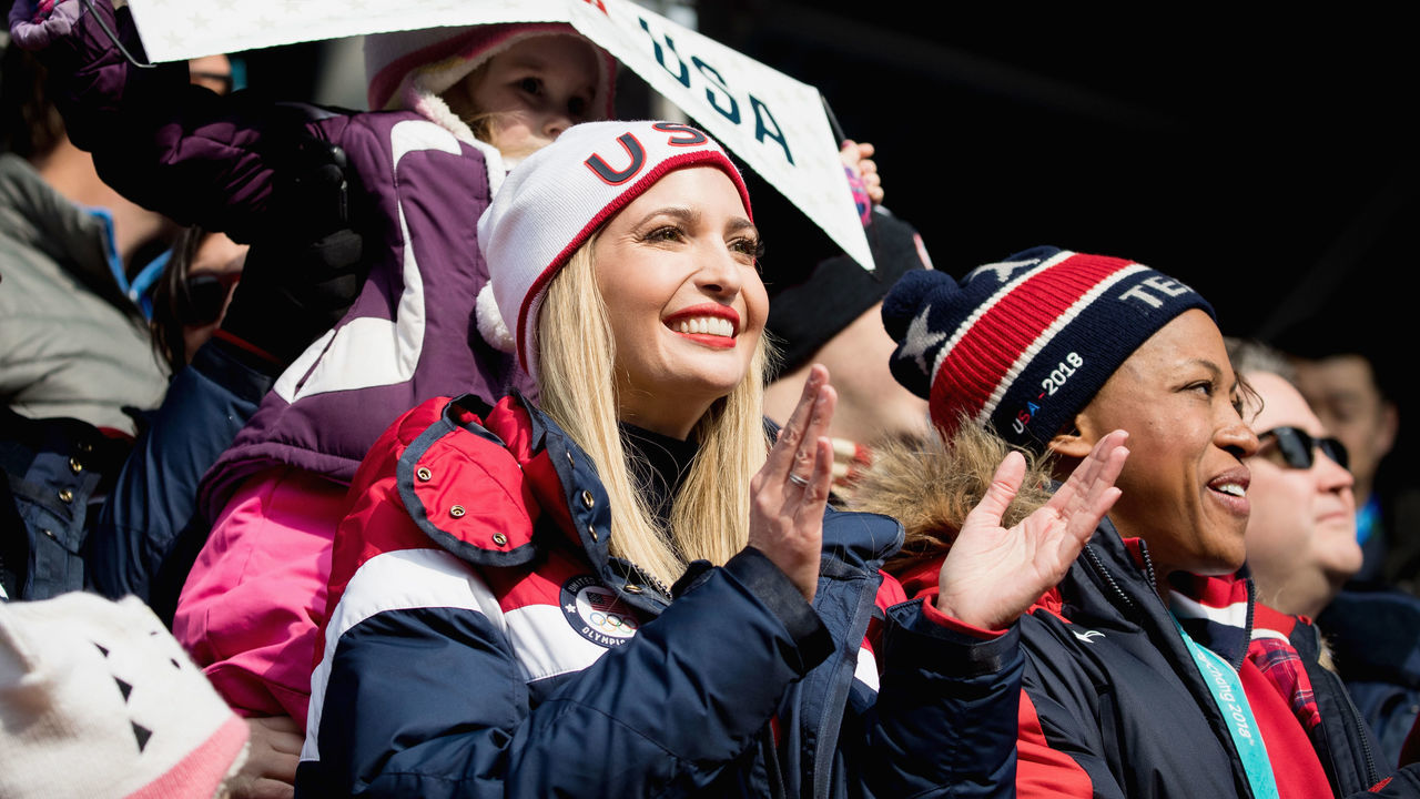 PYEONGCHANG-GUN, SOUTH KOREA - FEBRUARY 25: Ivanka Trump gestures as she attends the 4-man Boblseigh on day sixteen of the PyeongChang 2018 Winter Olympic Games at Olympic Sliding Centre on February 25, 2018 in Pyeongchang-gun, South Korea. Ivanka Trump is on a four-day visit to South Korea to attend the closing ceremony of the PyeongChang Winter Olympics.