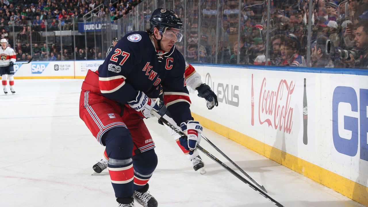 NEW YORK, NY - MARCH 17: Ryan McDonagh #27 of the New York Rangers skates with the puck against the Florida Panthers at Madison Square Garden on March 17, 2017 in New York City. The Florida Panthers won 4-3 in a shootout.