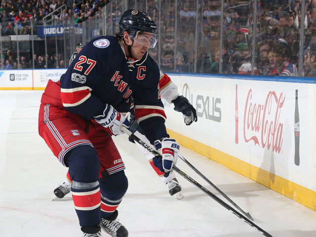 NEW YORK, NY - MARCH 17: Ryan McDonagh #27 of the New York Rangers skates with the puck against the Florida Panthers at Madison Square Garden on March 17, 2017 in New York City. The Florida Panthers won 4-3 in a shootout.