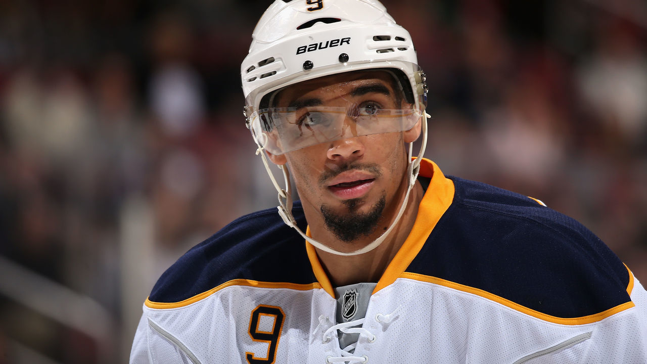 GLENDALE, AZ - FEBRUARY 26: Evander Kane #9 of the Buffalo Sabres skates up to the face-off circle during the second period of the NHL game against the Arizona Coyotes at Gila River Arena on February 26, 2017 in Glendale, Arizona.