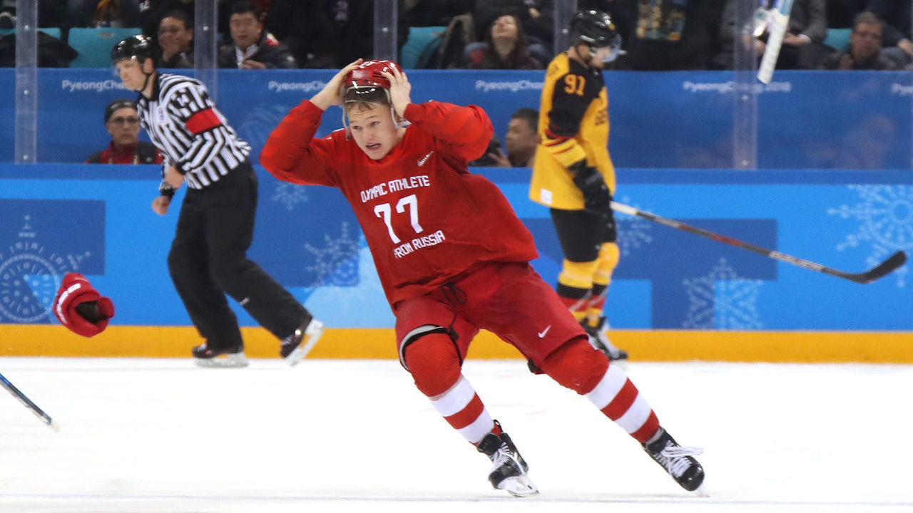 GANGNEUNG, SOUTH KOREA - FEBRUARY 25: Gold medal winner Kirill Kaprizov #77 of Olympic Athlete from Russia celebrates after scoring a goal in overtime to defeat Germany 4-3 during the Men's Gold Medal Game on day sixteen of the PyeongChang 2018 Winter Olympic Games at Gangneung Hockey Centre on February 25, 2018 in Gangneung, South Korea.