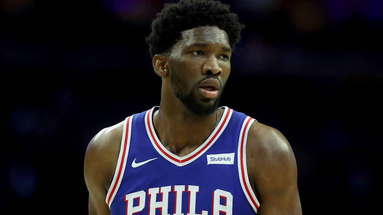 PHILADELPHIA, PA - DECEMBER 7: Joel Embiid #21 of the Philadelphia 76ers looks on against the Los Angeles Lakers at Wells Fargo Center on December 7, 2017 in Philadelphia, Pennsylvania.