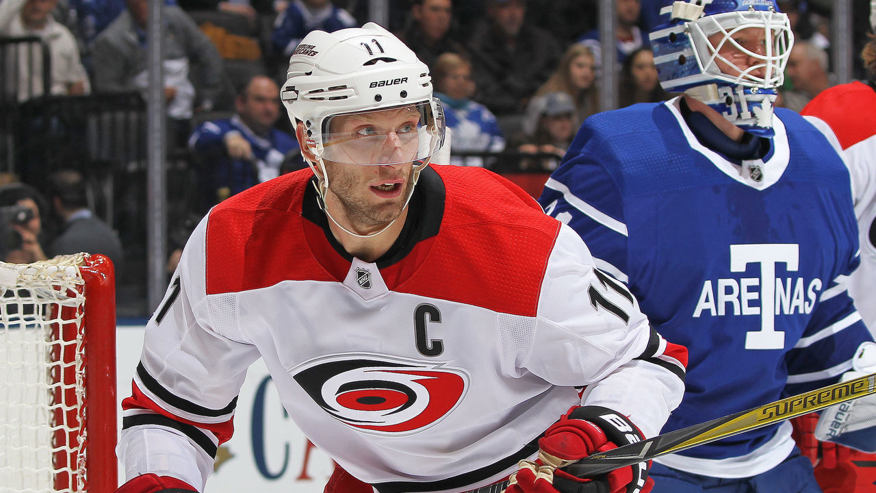 TORONTO,ON - DECEMBER 19: Jordan Staal #11 of the Carolina Hurricanes skates against the Toronto Maple Leafs during an NHL game at the Air Canada Centre on December 19, 2017 in Toronto, Ontario, Canada. The Maple Leafs defeated the Hurricanes 8-1.