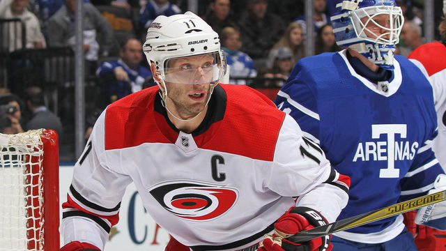 TORONTO,ON - DECEMBER 19: Jordan Staal #11 of the Carolina Hurricanes skates against the Toronto Maple Leafs during an NHL game at the Air Canada Centre on December 19, 2017 in Toronto, Ontario, Canada. The Maple Leafs defeated the Hurricanes 8-1.