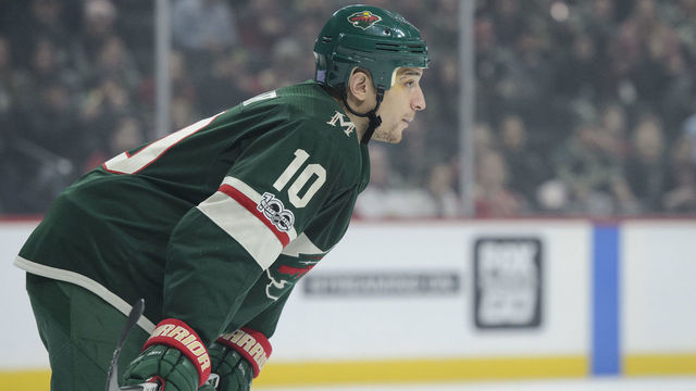 ST PAUL, MN - NOVEMBER 30: Chris Stewart #10 of the Minnesota Wild looks on during the game against the Vegas Golden Knights on November 30, 2017 at Xcel Energy Center in St Paul, Minnesota. The Wild defeated the Knights 4-2.