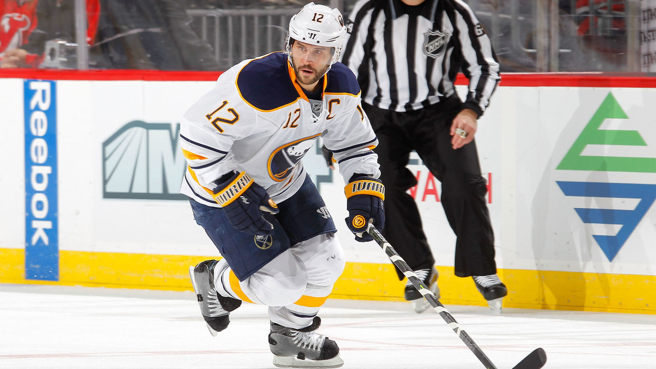 NEWARK, NJ - NOVEMBER 12: Brian Gionta #12 of the Buffalo Sabres in action against the New Jersey Devils at the Prudential Center on November 12, 2016 in Newark, New Jersey. The Devils defeated the Sabres 4-2.