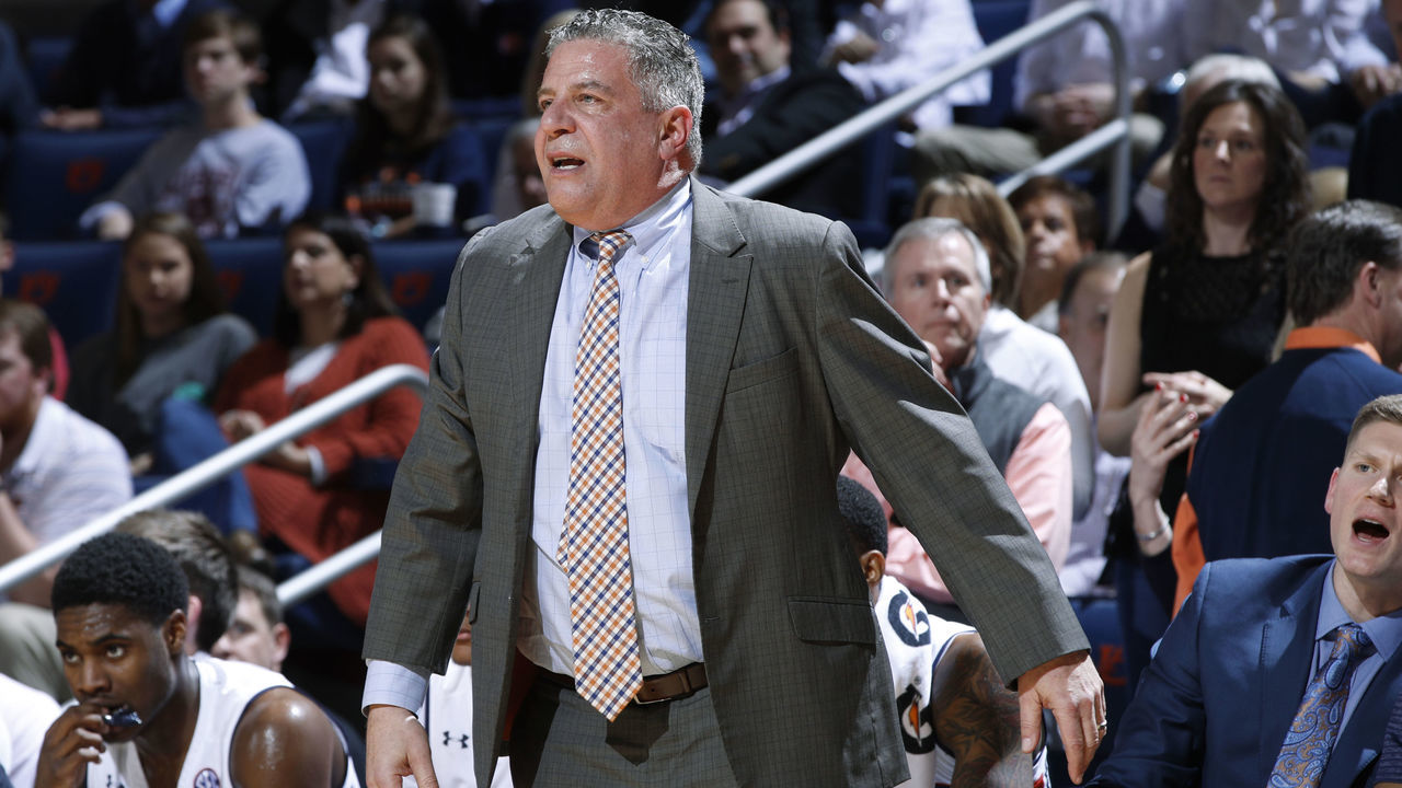 AUBURN, AL - FEBRUARY 14: Head coach Bruce Pearl of the Auburn Tigers reacts against the Kentucky Wildcats in the first half of a game at Auburn Arena on February 14, 2018 in Auburn, Alabama.