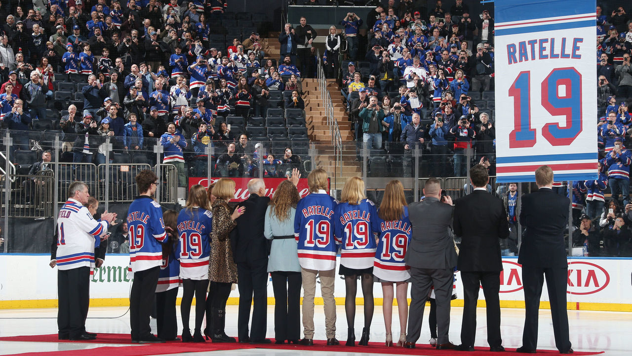 NEW YORK, NY - FEBRUARY 25: New York Rangers legend and Hockey Hall of Famer, Jean Ratelle, has his #19 jersey raised to the rafters of Madison Square Garden during his jersey retirement night prior to the game against the Detroit Red Wings on February 25, 2018 in New York City.