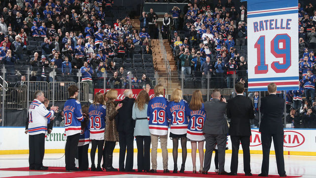 NEW YORK, NY - FEBRUARY 25: New York Rangers legend and Hockey Hall of Famer, Jean Ratelle, has his #19 jersey raised to the rafters of Madison Square Garden during his jersey retirement night prior to the game against the Detroit Red Wings on February 25, 2018 in New York City.
