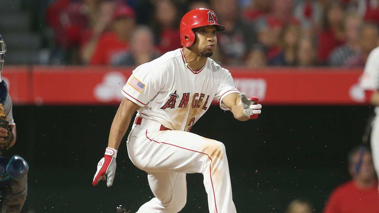 ANAHEIM, CALIFORNIA - JULY 01: Ben Revere #25 of the Los Angeles Angels of Anaheim grounds out to bring in a run in the seventh inning against the Seattle Mariners at Angel Stadium of Anaheim on July 1, 2017 in Anaheim, California.