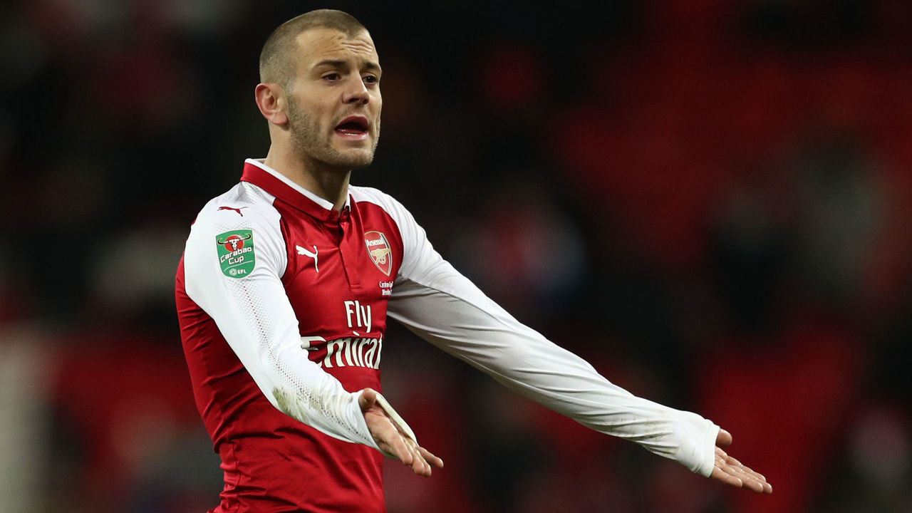 LONDON, ENGLAND - FEBRUARY 25: Jack Wilshere of Arsenal reacts during the Carabao Cup Final between Arsenal and Manchester City at Wembley Stadium on February 25, 2018 in London, England.