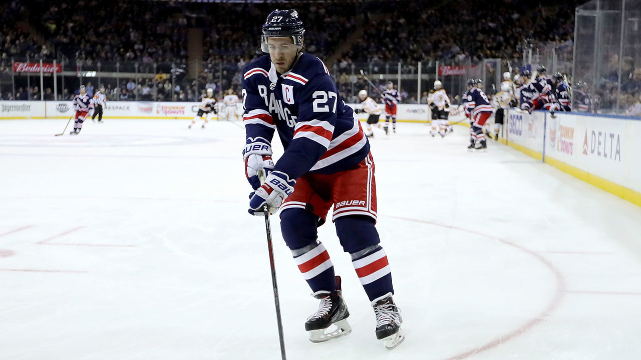 NEW YORK, NY - FEBRUARY 07: Ryan McDonagh #27 of the New York Rangers skates with the puck in the first period against the Boston Bruins during their game at Madison Square Garden on February 7, 2018 in New York City.