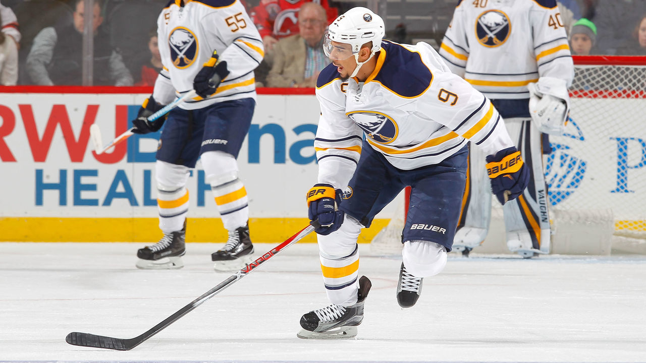 NEWARK, NJ - NOVEMBER 12: Evander Kane #9 of the Buffalo Sabres in action against the New Jersey Devils at the Prudential Center on November 12, 2016 in Newark, New Jersey. The Devils defeated the Sabres 4-2.