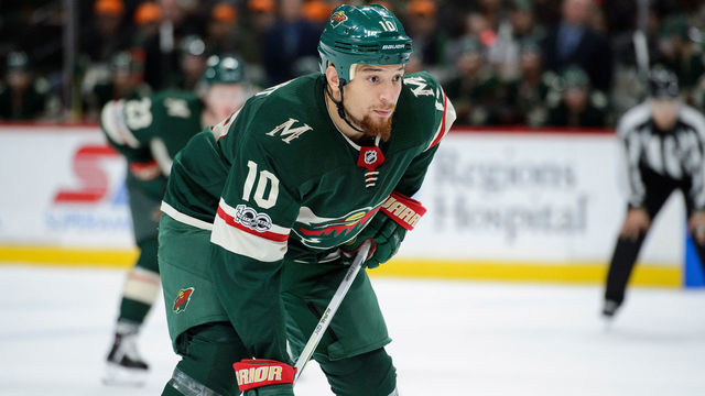ST PAUL, MN - OCTOBER 31: Chris Stewart #10 of the Minnesota Wild waits for a face-off against the Winnipeg Jets during the game on October 31, 2017 at Xcel Energy Center in St Paul, Minnesota. The Jets defeated the Wild 2-1.