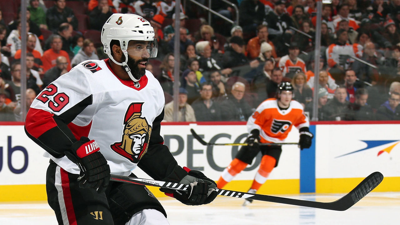 PHILADELPHIA, PA - FEBRUARY 03: Johnny Oduya #29 of the Ottawa Senators skates back on defense against the Philadelphia Flyers on February 3, 2018 at the Wells Fargo Center in Philadelphia, Pennsylvania.