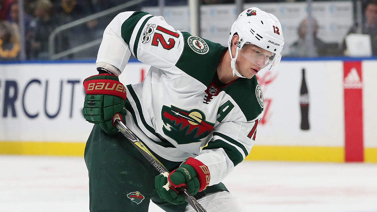 BUFFALO, NY - NOVEMBER 22: Eric Staal #12 of the Minnesota Wild during the game against the Buffalo Sabres at the KeyBank Center on November 22, 2017 in Buffalo, New York.