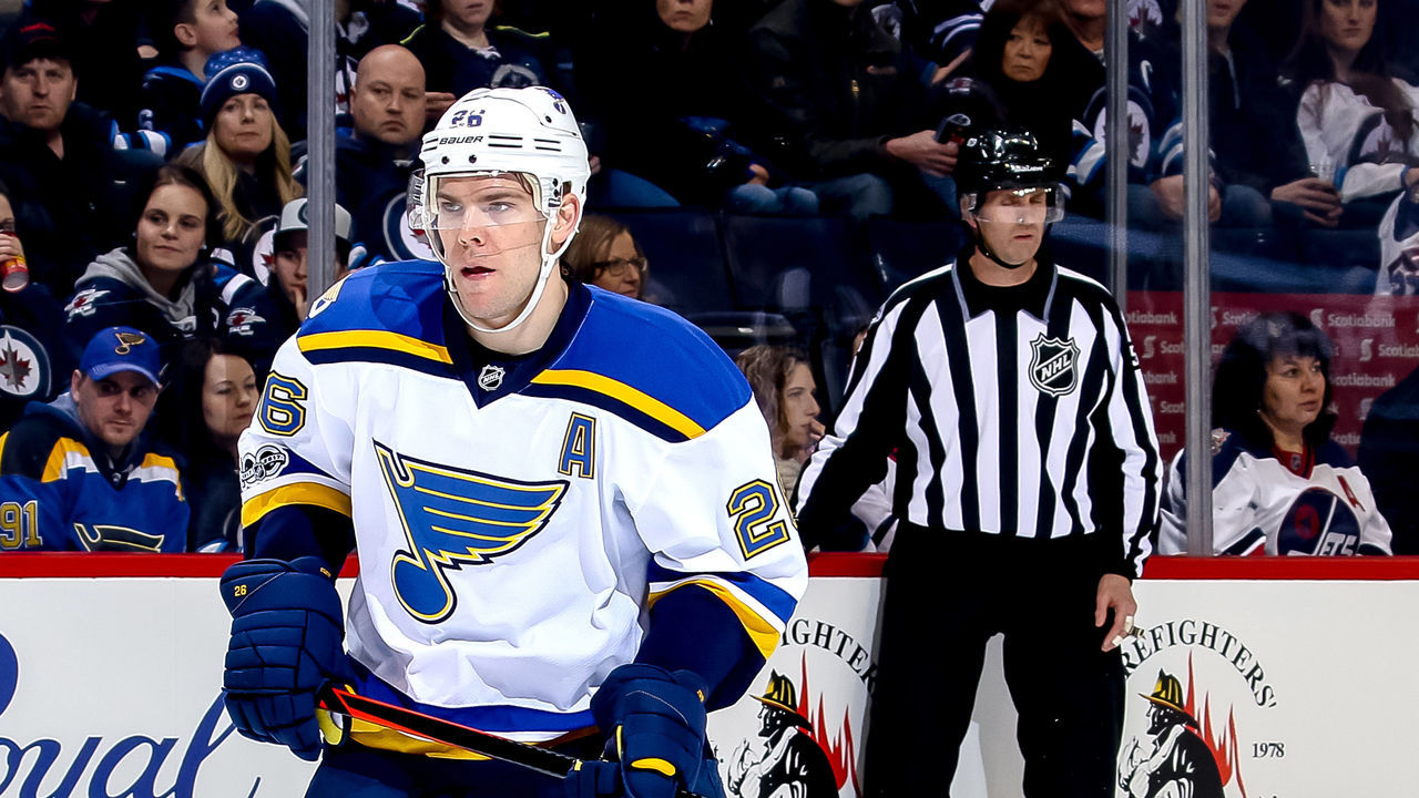 WINNIPEG, MB - MARCH 3: Paul Stastny #26 of the St. Louis Blues keeps an eye on the play during first period action against the Winnipeg Jets at the MTS Centre on March 3, 2017 in Winnipeg, Manitoba, Canada. The Jets defeated the Blues 3-0.