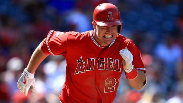 ANAHEIM, CA - APRIL 23: Mike Trout #27 of the Los Angeles Angels of Anaheim grounds out during the ninth inning of a game against the Toronto Blue Jays at Angel Stadium of Anaheim on April 23, 2017 in Anaheim, California.