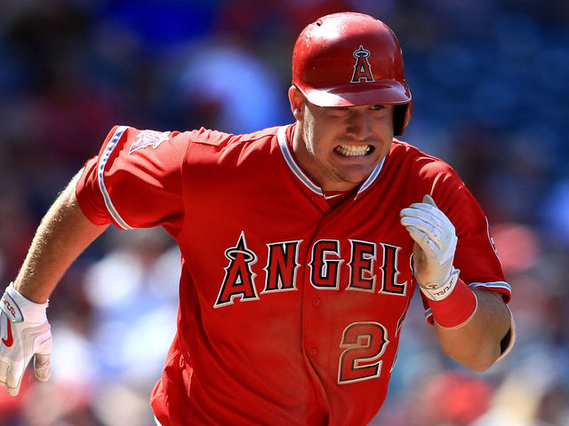 ANAHEIM, CA - APRIL 23: Mike Trout #27 of the Los Angeles Angels of Anaheim grounds out during the ninth inning of a game against the Toronto Blue Jays at Angel Stadium of Anaheim on April 23, 2017 in Anaheim, California.