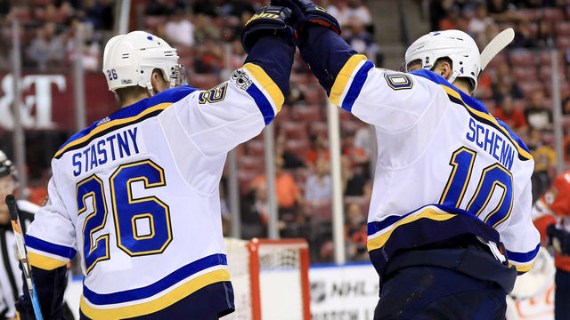 SUNRISE, FL - OCTOBER 12: Paul Stastny #26 and Brayden Schenn #10 of the St. Louis Blues celebrate a goal during a game against the Florida Panthers at BB&T Center on October 12, 2017 in Sunrise, Florida.