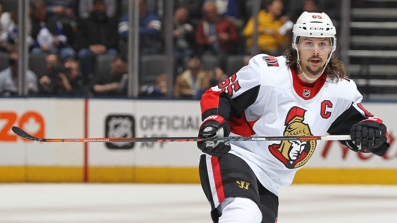 TORONTO, ON - FEBRUARY 10: Erik Karlsson #65 of the Ottawa Senators skates against the Toronto Maple Leafs during an NHL game at the Air Canada Centre on February 10, 2018 in Toronto, Ontario, Canada. The Maple Leafs defeated the Senators 6-3.