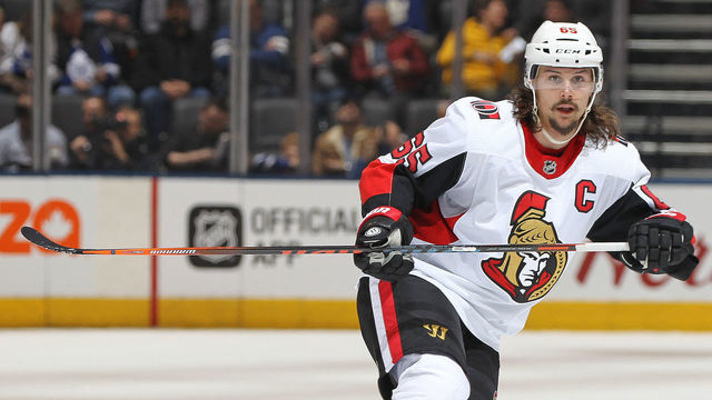 TORONTO, ON - FEBRUARY 10: Erik Karlsson #65 of the Ottawa Senators skates against the Toronto Maple Leafs during an NHL game at the Air Canada Centre on February 10, 2018 in Toronto, Ontario, Canada. The Maple Leafs defeated the Senators 6-3.