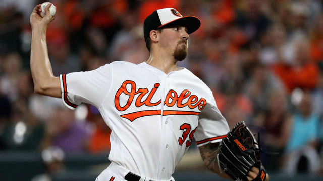 BALTIMORE, MD - SEPTEMBER 19: Starting pitcher Kevin Gausman #39 of the Baltimore Orioles throws to a Boston Red Sox batter in the first inning at Oriole Park at Camden Yards on September 19, 2017 in Baltimore, Maryland.