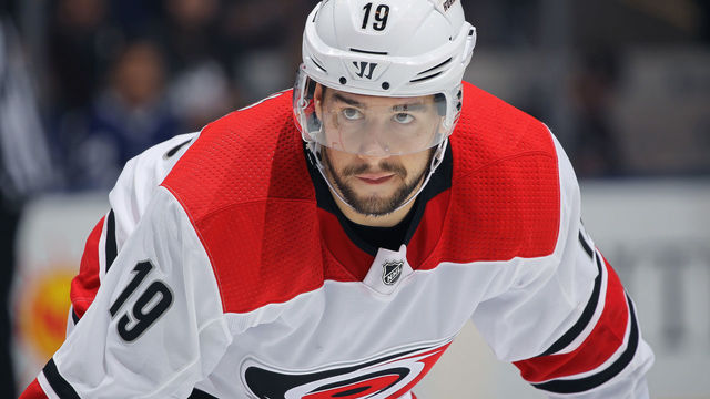 TORONTO,ON - DECEMBER 19: Josh Jooris #19 of the Carolina Hurricanes waits for a puck drop against the Toronto Maple Leafs during an NHL game at the Air Canada Centre on December 19, 2017 in Toronto, Ontario, Canada. The Maple Leafs defeated the Hurricanes 8-1.