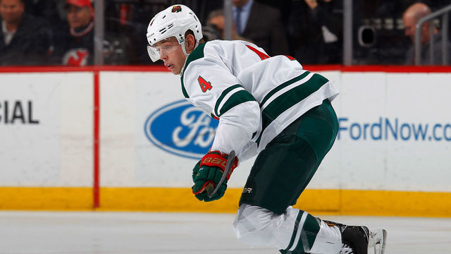 NEWARK, NJ - FEBRUARY 22: Mike Reilly #4 of the Minnesota Wild in action against the New Jersey Devils on February 22, 2018 at Prudential Center in Newark, New Jersey.