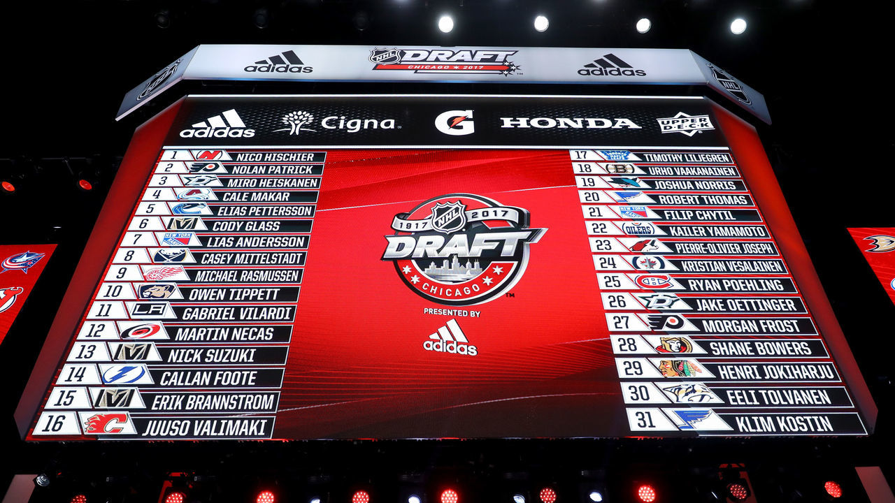 CHICAGO, IL - JUNE 23: A general view of the draft board after the first round of the 2017 NHL Draft at the United Center on June 23, 2017 in Chicago, Illinois.