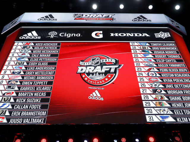 CHICAGO, IL - JUNE 23: A general view of the draft board after the first round of the 2017 NHL Draft at the United Center on June 23, 2017 in Chicago, Illinois.