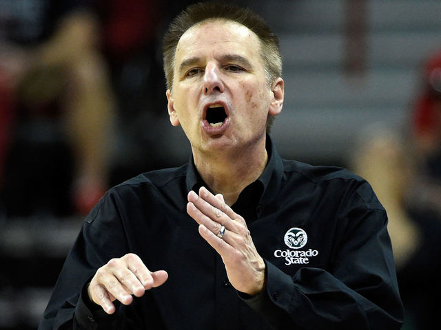LAS VEGAS, NV - MARCH 10: Head coach Larry Eustachy of the Colorado State Rams signals to his team during the second half of a semifinal game against the San Diego State Aztecs of the Mountain West Conference basketball tournament at the Thomas & Mack Center on March 10, 2017 in Las Vegas, Nevada. Colorado State won 71-63.