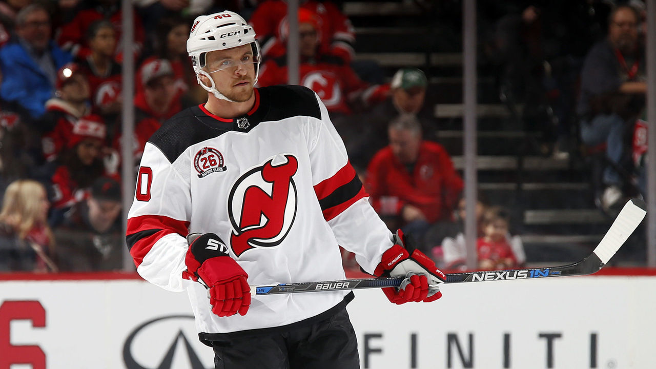 NEWARK, NJ - FEBRUARY 24: Michael Grabner #40 of the New Jersey Devils during a break in action against the New York Islanders during the first period at the Prudential Center on February 24, 2018 in Newark, New Jersey.
