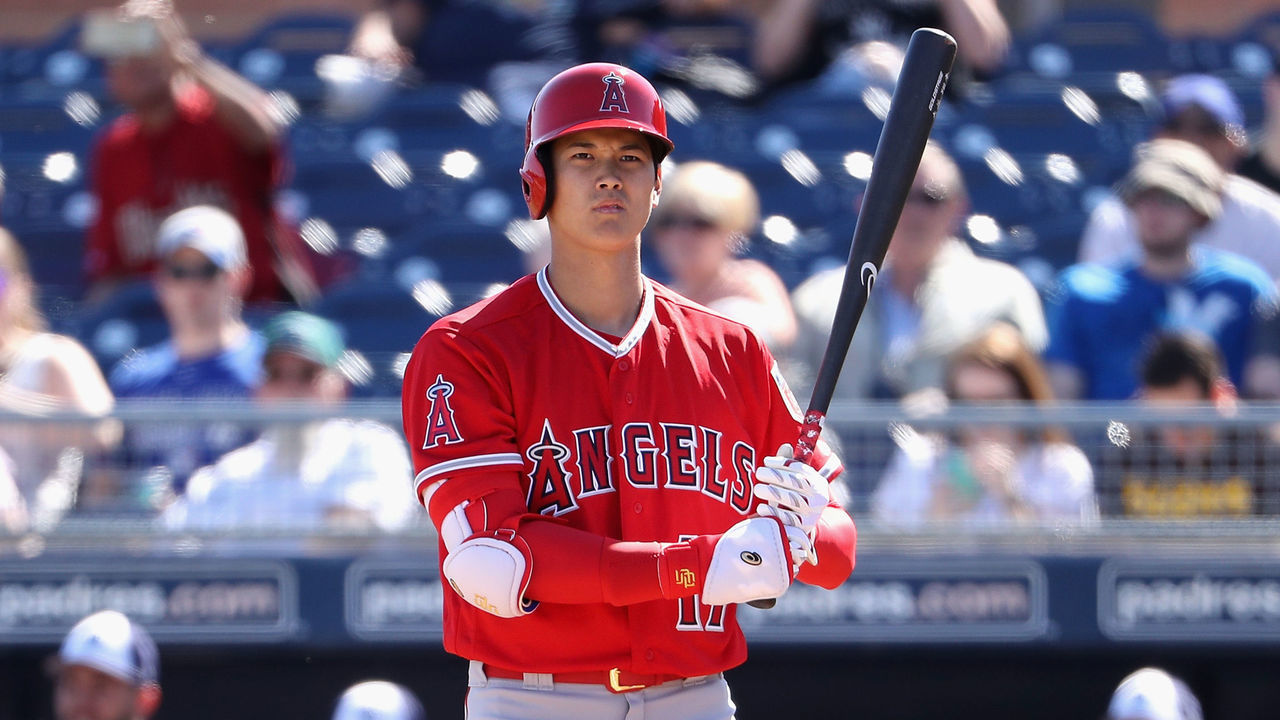 PEORIA, AZ - FEBRUARY 26: Shohei Ohtani #17 of the Los Angeles Angels bats against the San Diego Padres during the first inning of the spring training game at Peoria Stadium on February 26, 2018 in Peoria, Arizona.