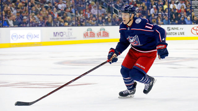 COLUMBUS, OH - OCTOBER 6: Matt Calvert #11 of the Columbus Blue Jackets skates after the puck during the game against the New York Islanders on October 6, 2017 at Nationwide Arena in Columbus, Ohio.